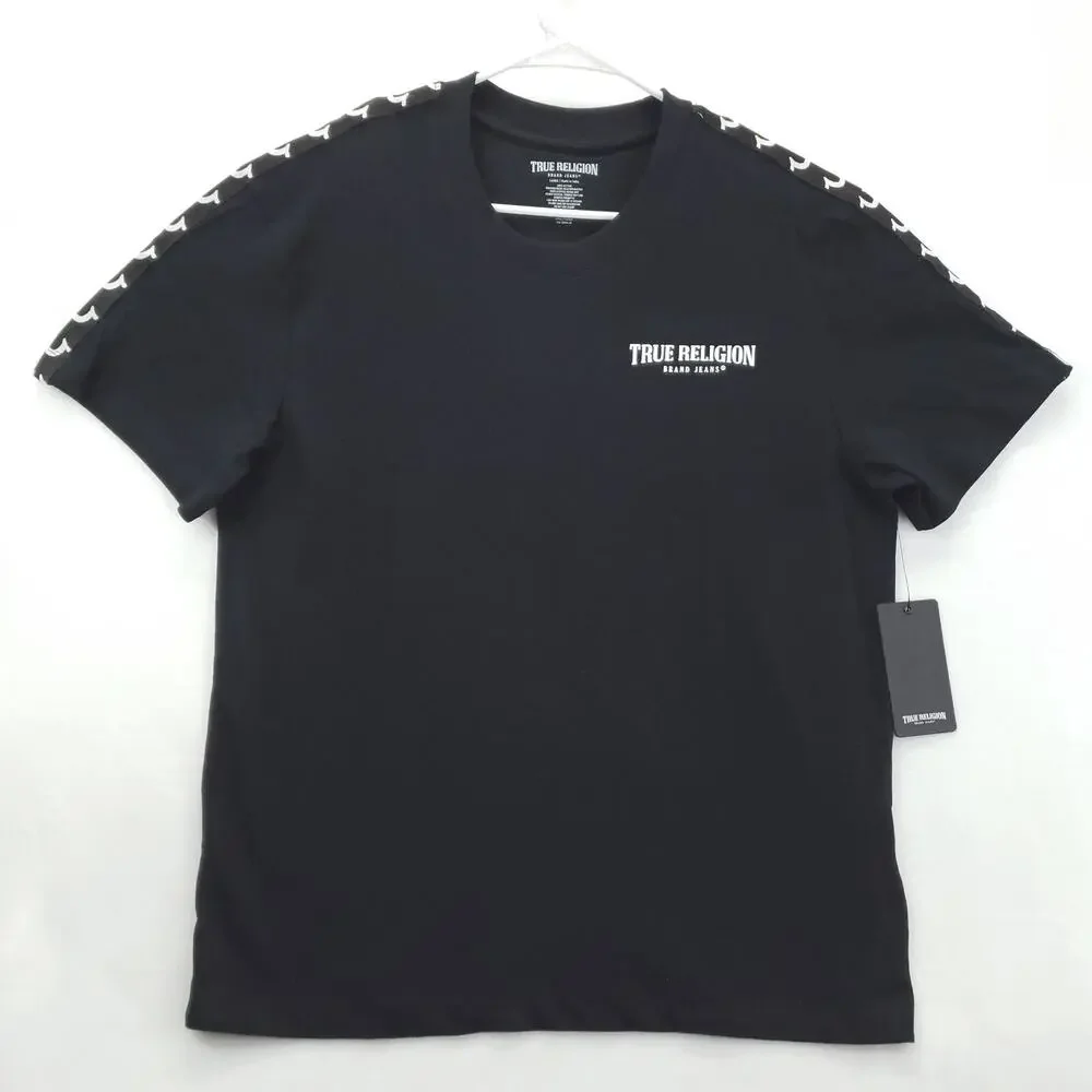NEW True Religion Shirt Mens Large Jet Black Heavy Taping Short Sleeve Crew Neck